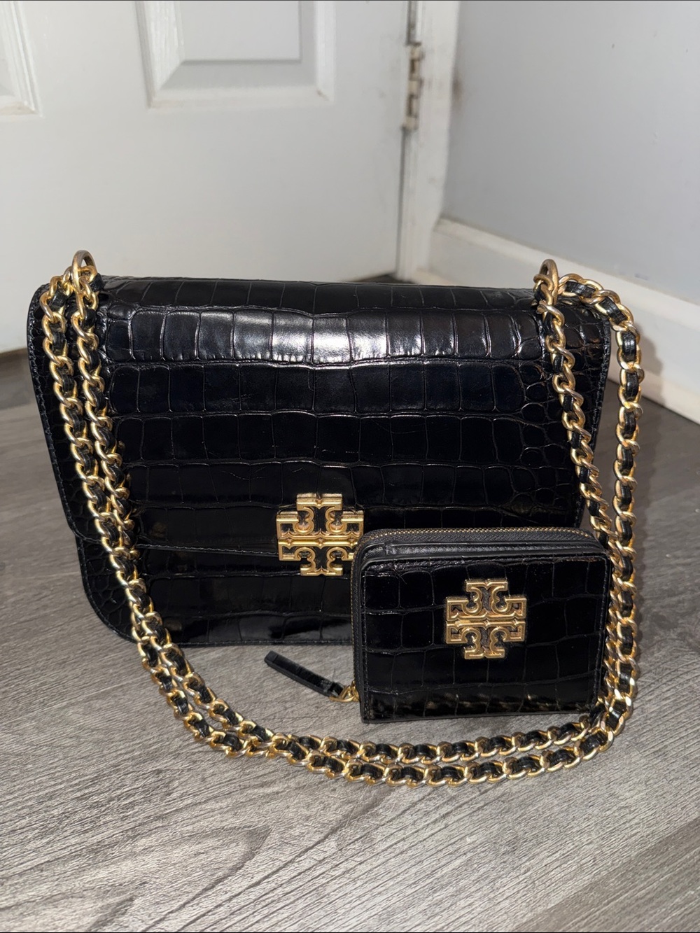 Tory Burch Black Croc-Embossed Leather Shoulder Bag with Gold Chain & Wallet